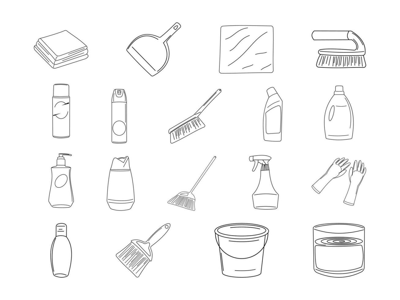 Home Cleaning Supplies Line Art Illustration. Cleaning Tools Vector Illustration on White Background.