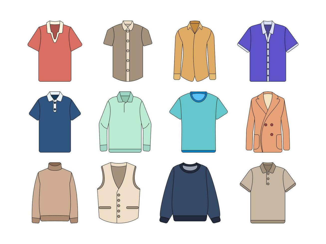 ropa para hombres plano color ilustración. Perfecto para diseños relacionado a de los hombres moda, de los hombres ropa y de los hombres camisas vector