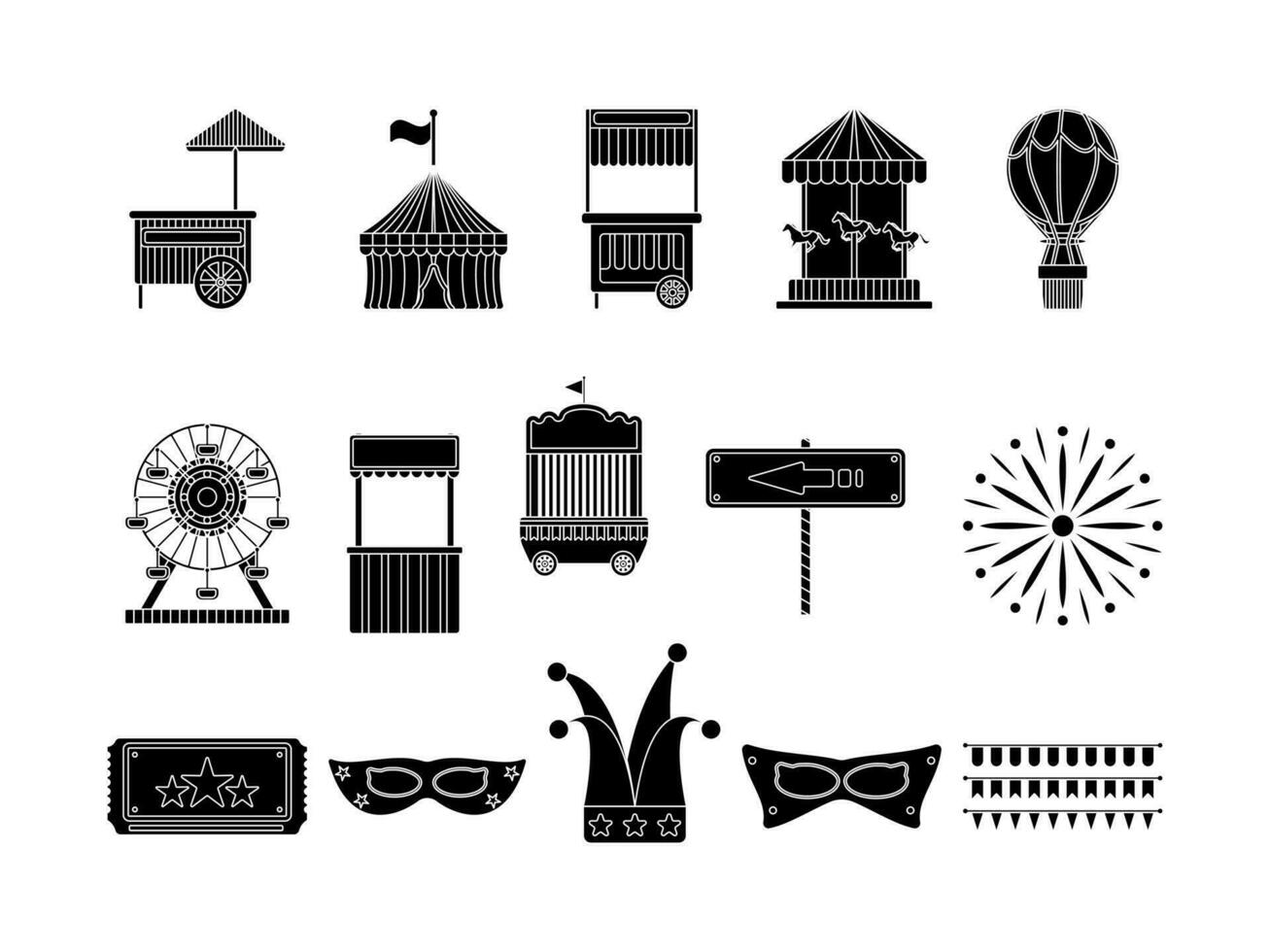 Carnival Equipment Collection Glyph Style. Entertainment Themed Design Vector Illustration on White Background.