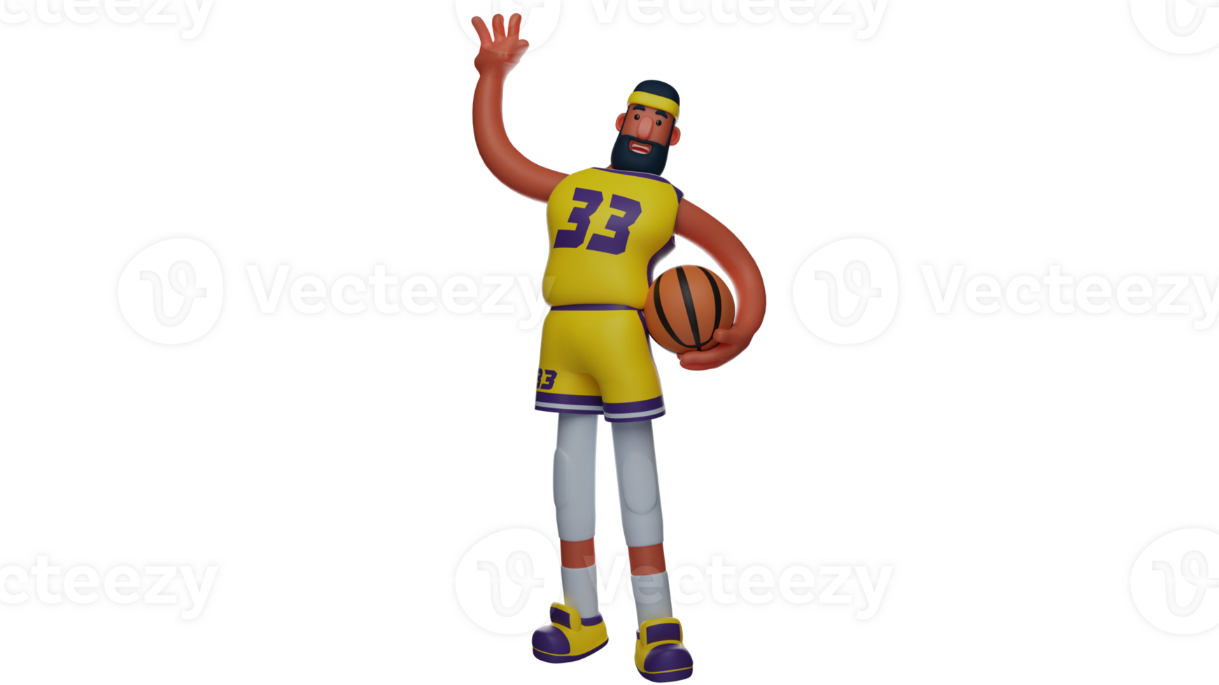 3D Illustration. Basketball Player 3D cartoon character. Basketball player carry one basketball. Athlete is ready to compete. Friendly basketball player waving hands to someone. 3D cartoon character png