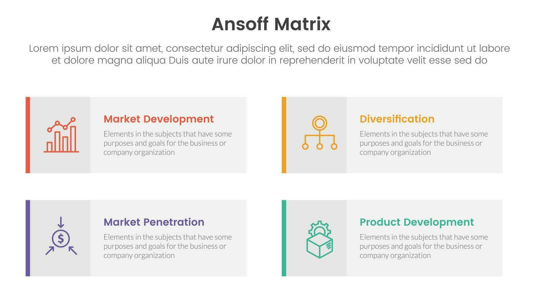 ansoff matrix framework growth initiatives concept with long rectangle box symmetric for infographic template banner with four point list information vector