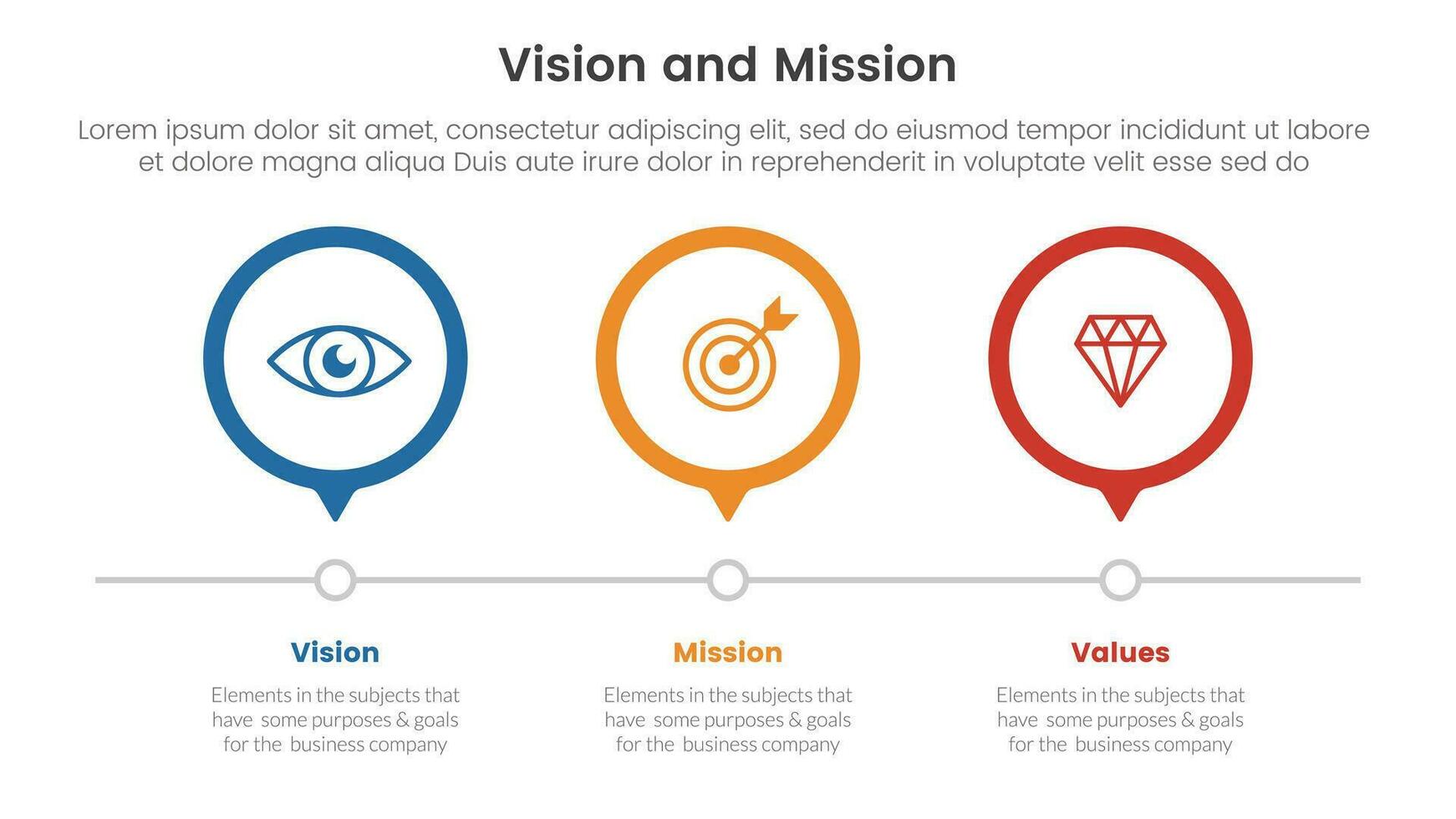 business vision mission and values analysis tool framework infographic with 3 circle timeline right direction 3 point stages concept for slide presentation vector