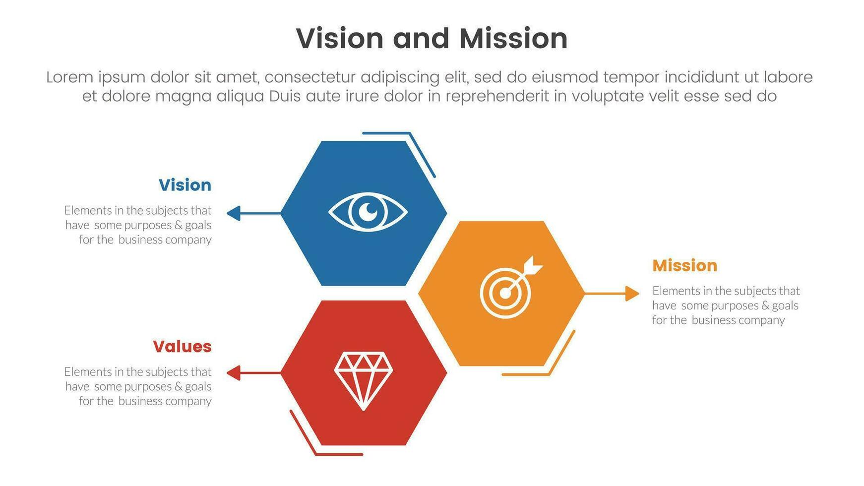 business vision mission and values analysis tool framework infographic with honeycomb shape vertical direction 3 point stages concept for slide presentation vector