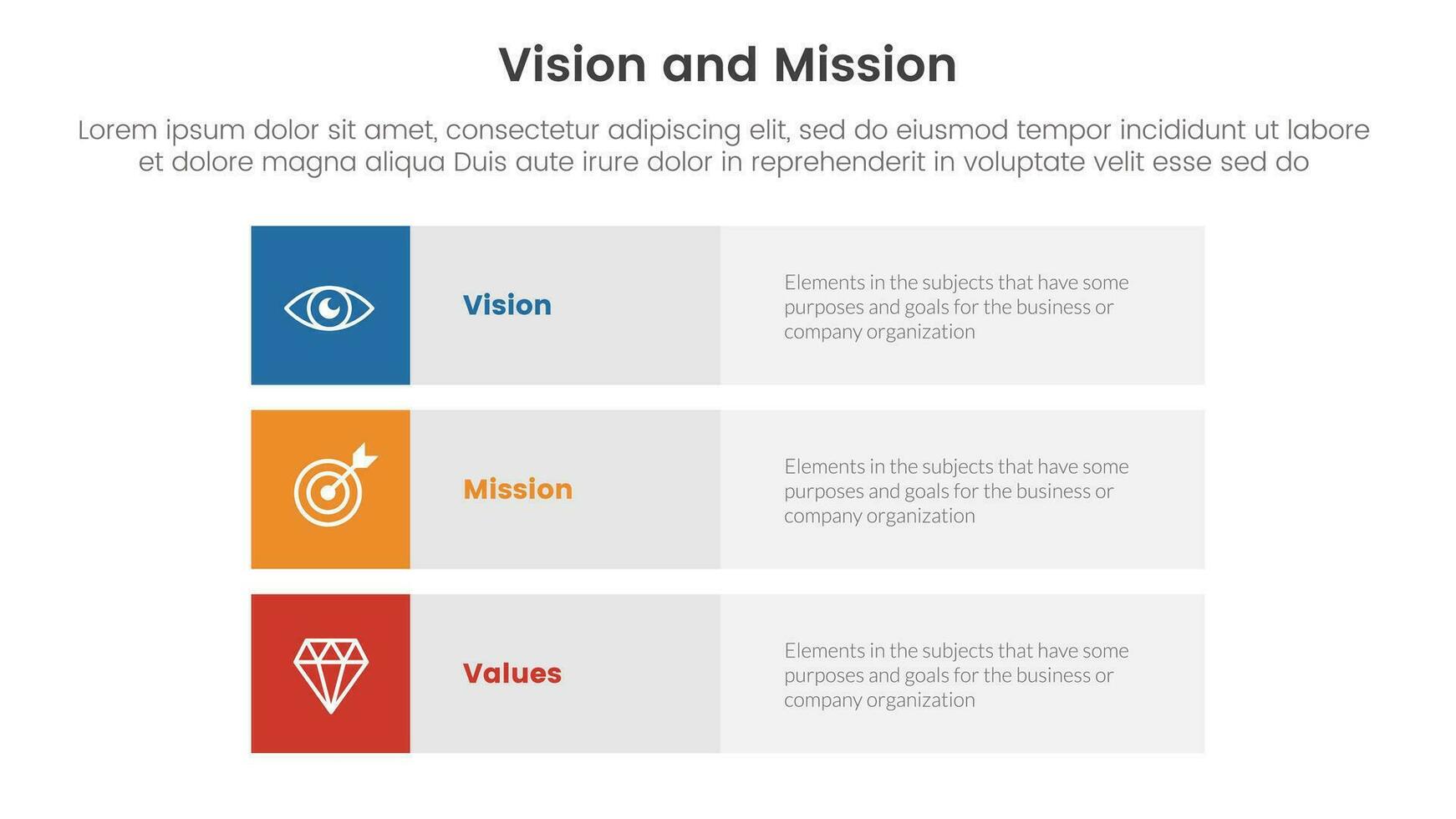 negocio visión misión y valores análisis herramienta marco de referencia infografía con 3 bloquear fila rectángulo contenido 3 punto etapas concepto para diapositiva presentación vector