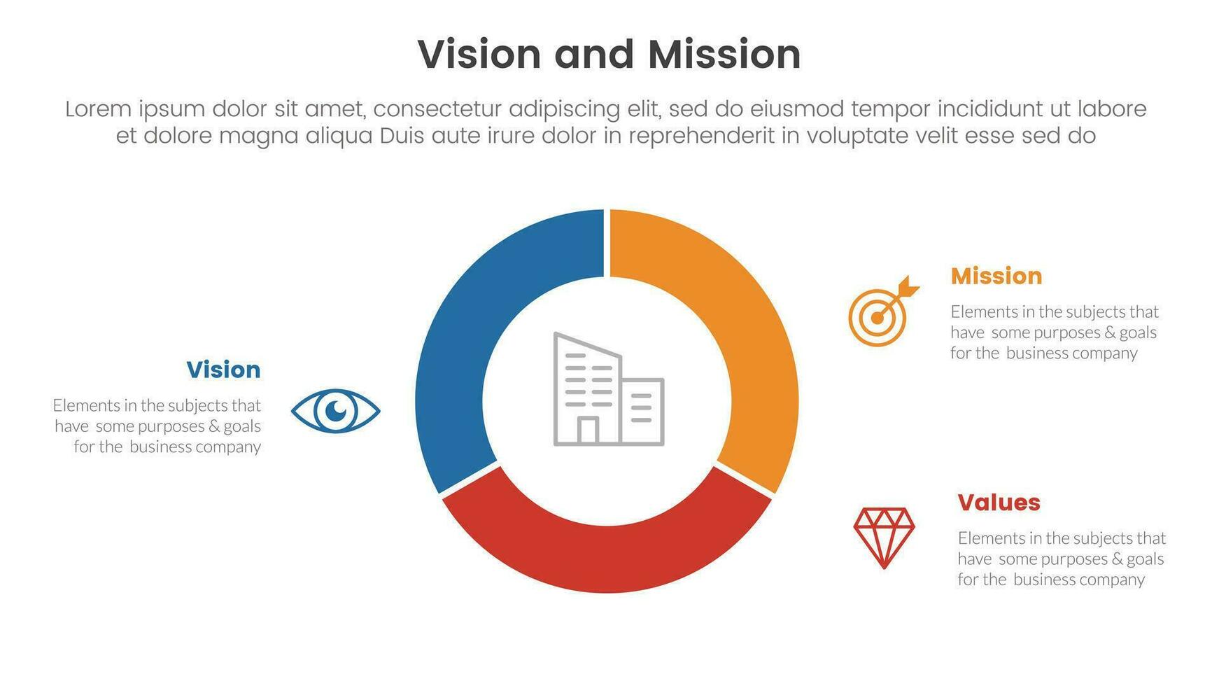 business vision mission and values analysis tool framework infographic with circle pie chart diagram cutted outline 3 point stages concept for slide presentation vector