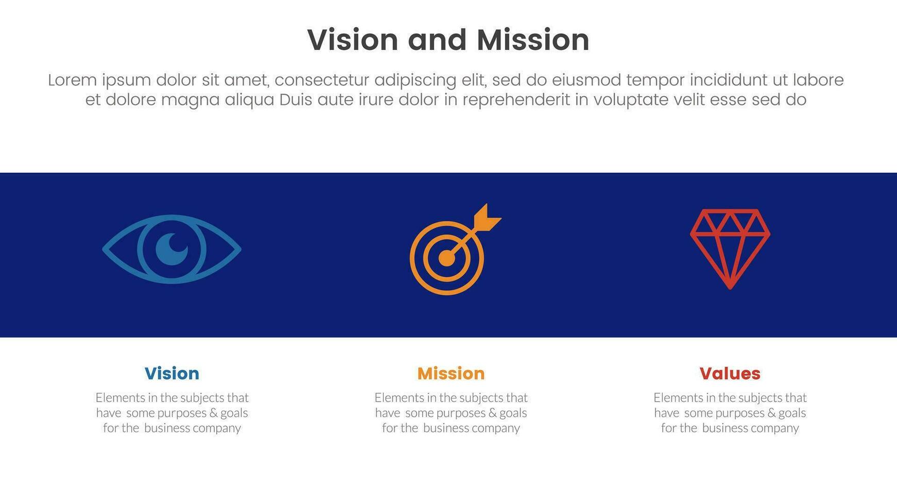 business vision mission and values analysis tool framework infographic with icon in black horizontal background 3 point stages concept for slide presentation vector