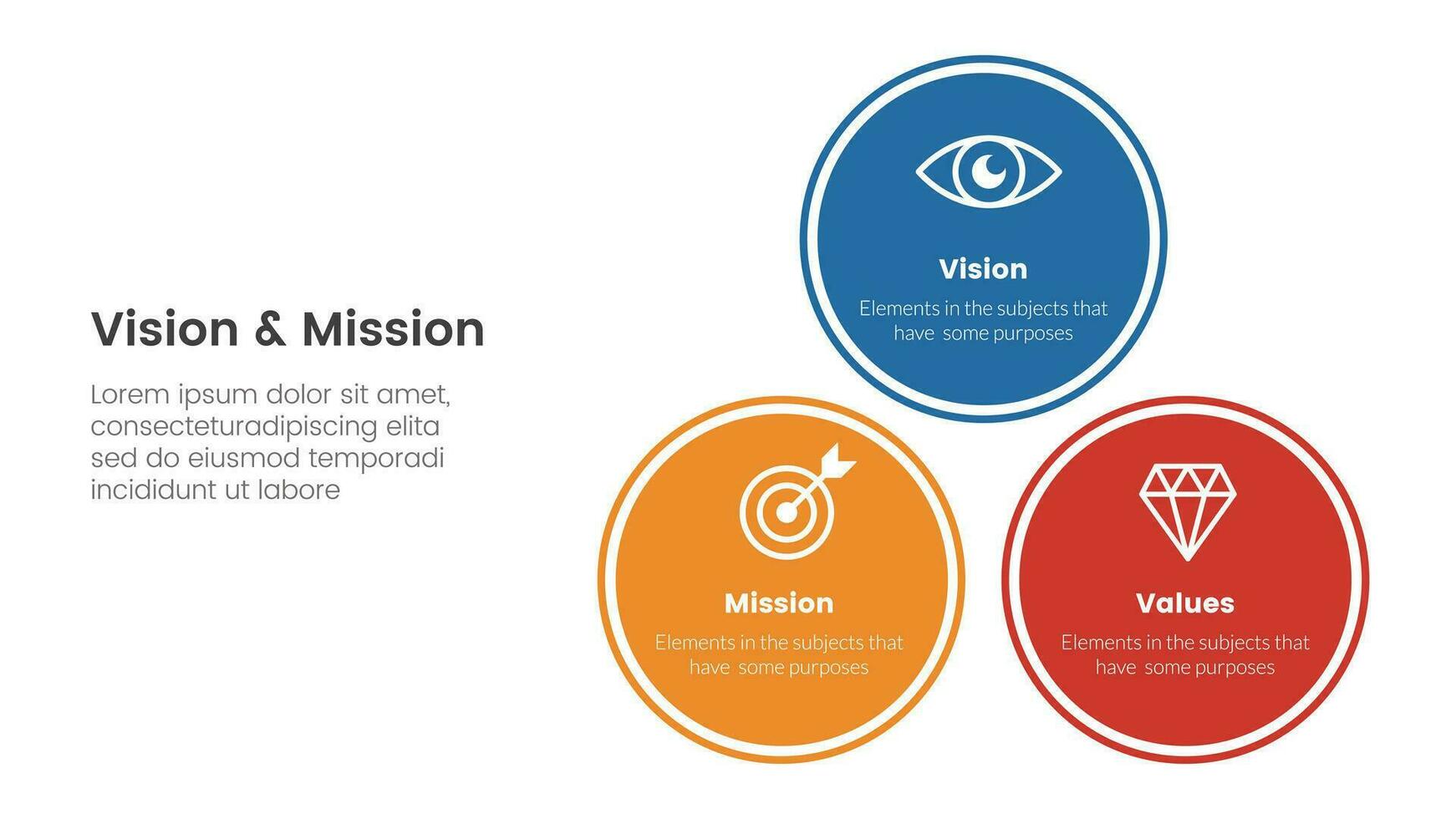 negocio visión misión y valores análisis herramienta marco de referencia infografía con equilibrar pirámide circulo apilar 3 punto etapas concepto para diapositiva presentación vector