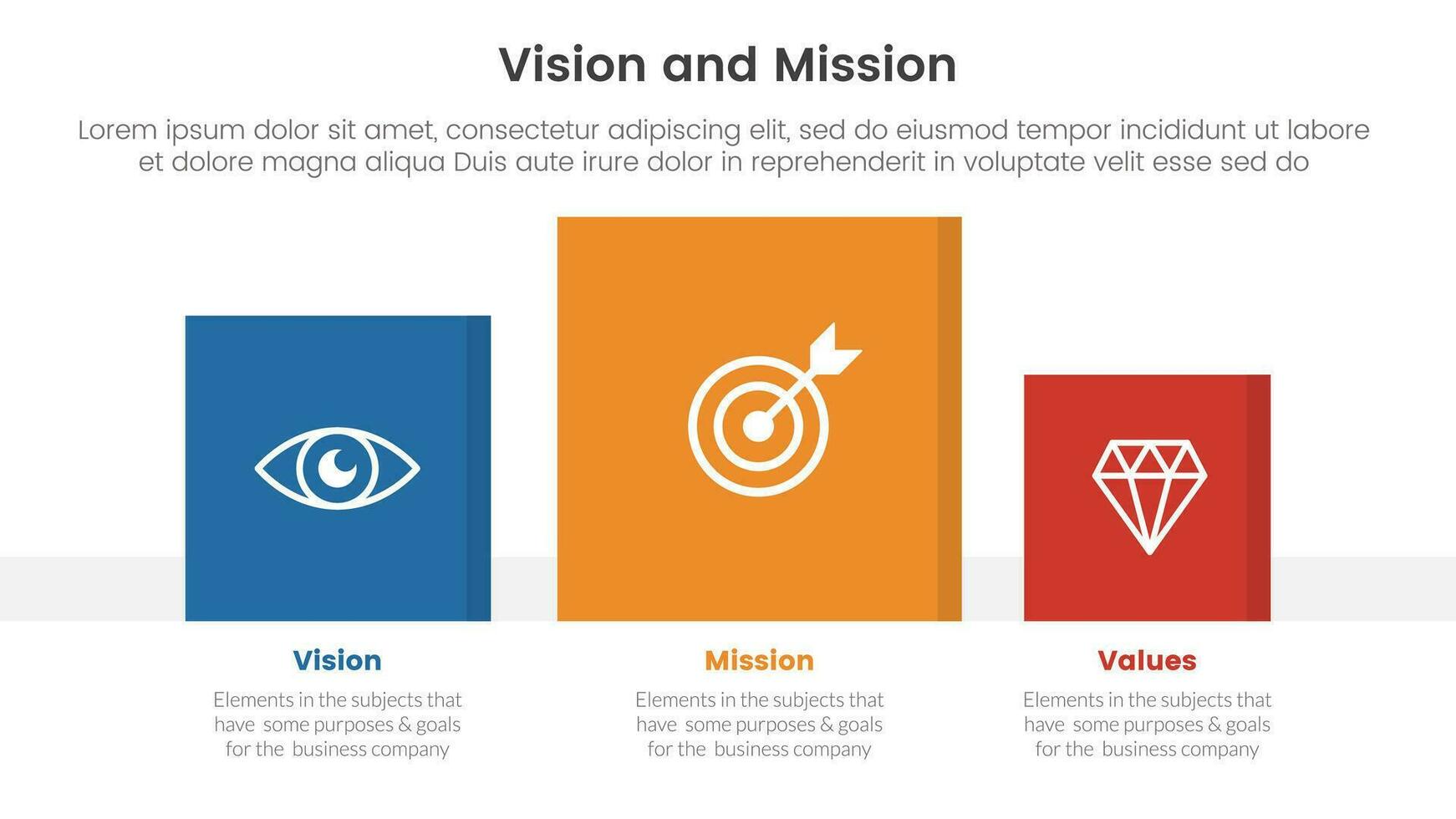 business vision mission and values analysis tool framework infographic with square data box right direction 3 point stages concept for slide presentation vector