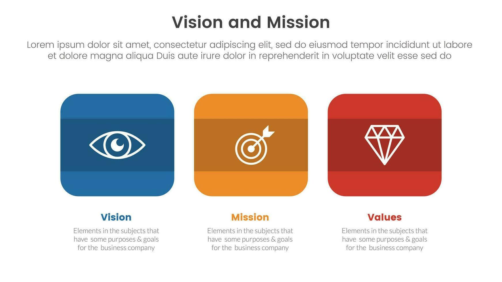 business vision mission and values analysis tool framework infographic with round square box small to big 3 point stages concept for slide presentation vector