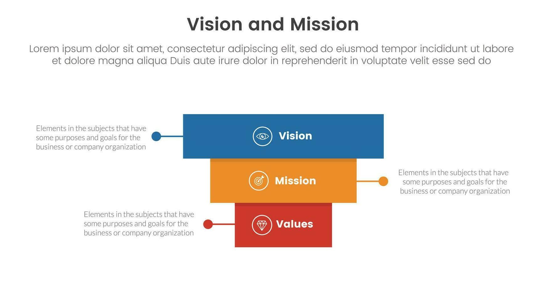 negocio visión misión y valores análisis herramienta marco de referencia infografía con rectángulo pirámide hacia atrás 3 punto etapas concepto para diapositiva presentación vector