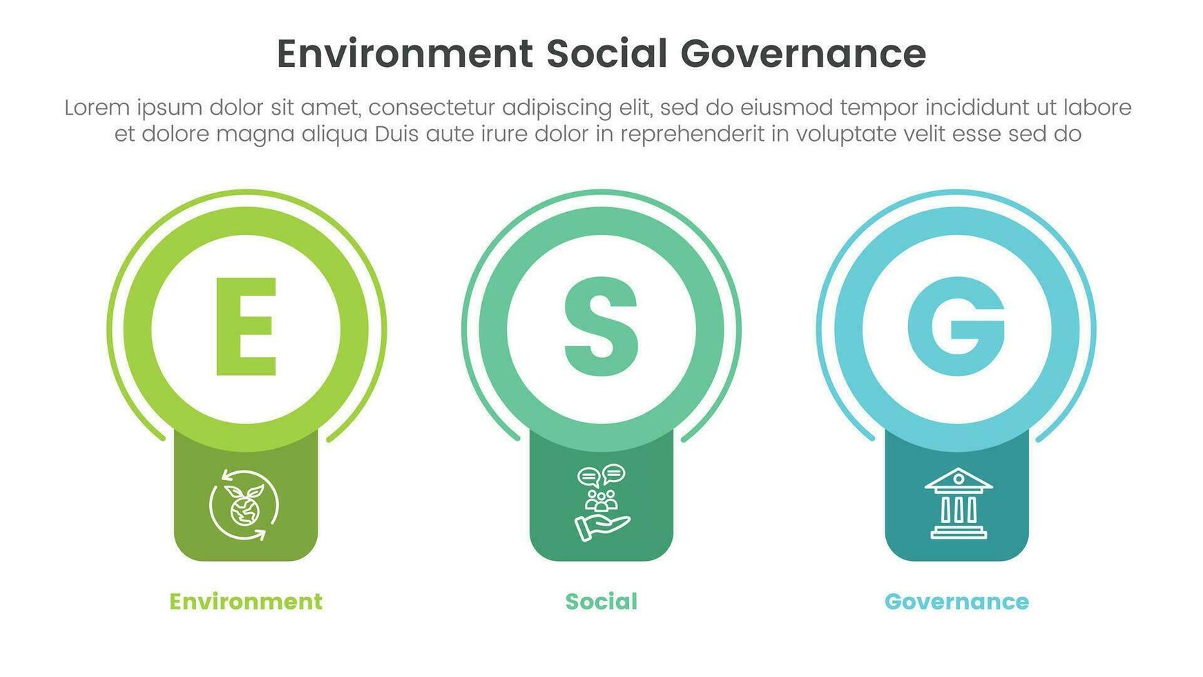 esg ambiental social y gobernancia infografía 3 punto etapa modelo con Insignia circulo bandera forma concepto para diapositiva presentación vector