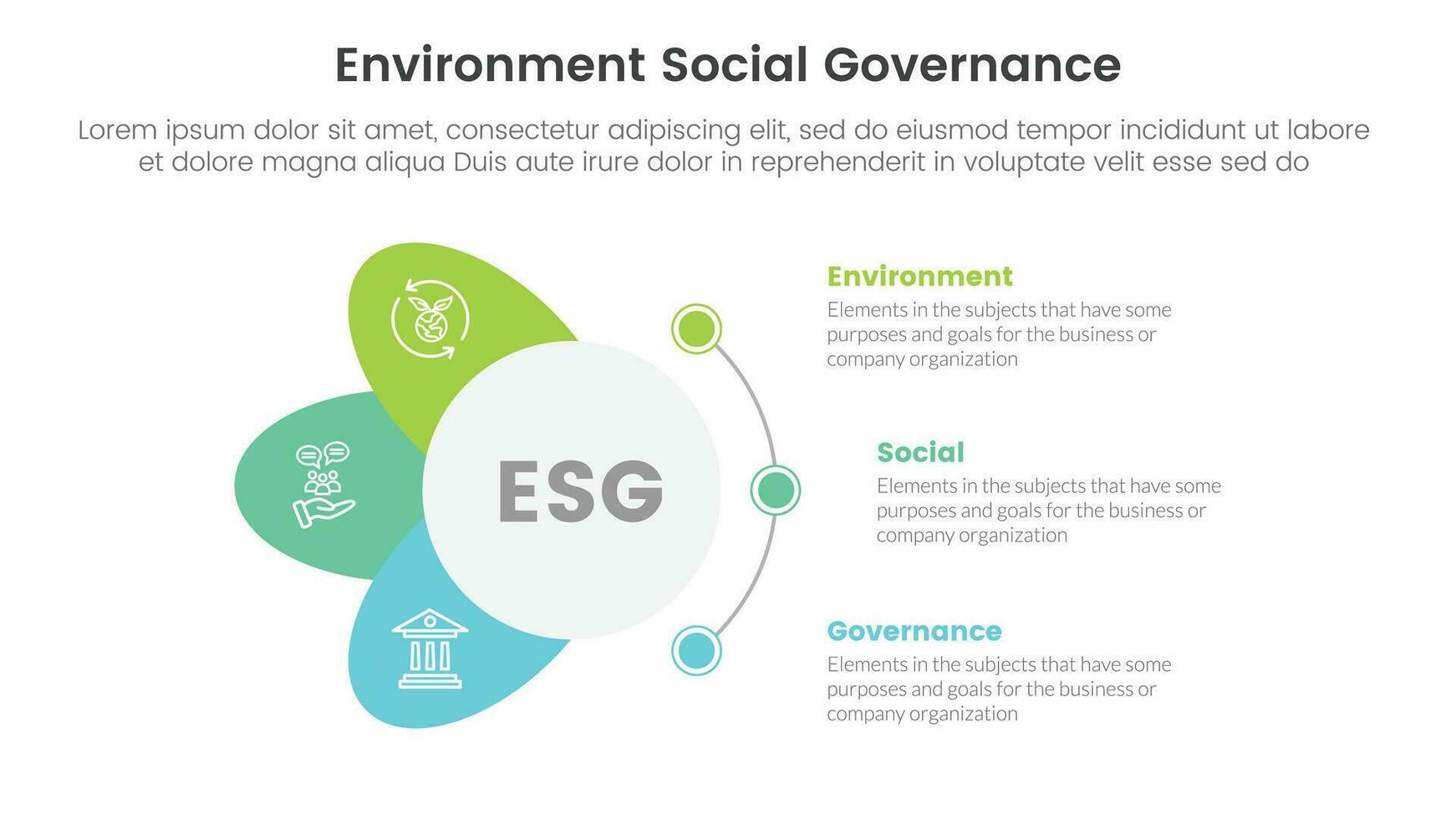 esg environmental social and governance infographic 3 point stage template with circle and wings shape concept for slide presentation vector