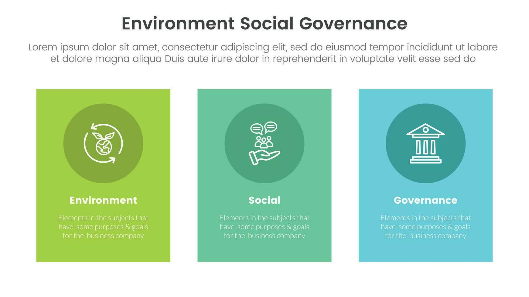 esg environmental social and governance infographic 3 point stage template with vertical rectangle box concept for slide presentation vector