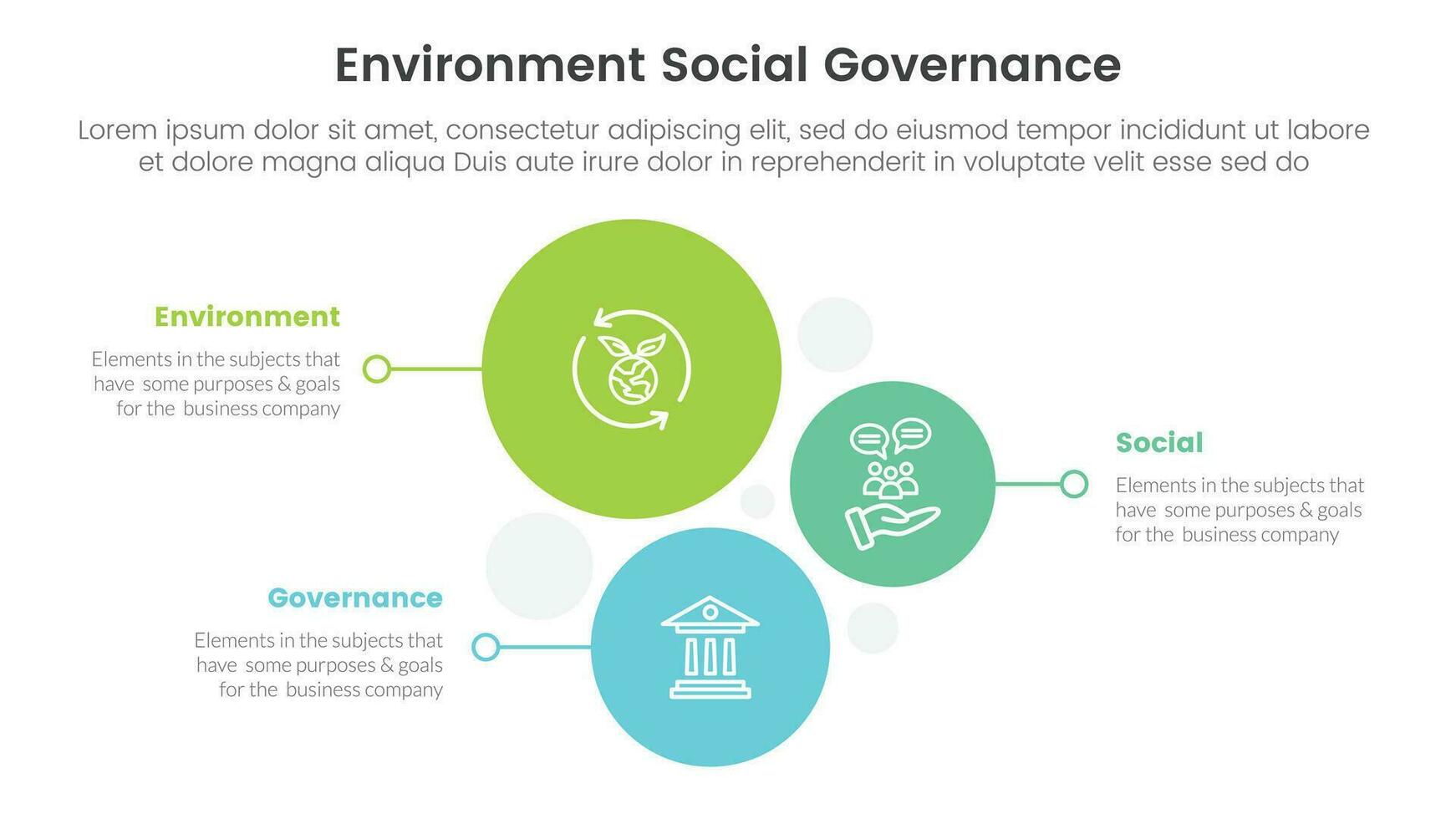 esg environmental social and governance infographic 3 point stage template with vertical circle direction concept for slide presentation vector