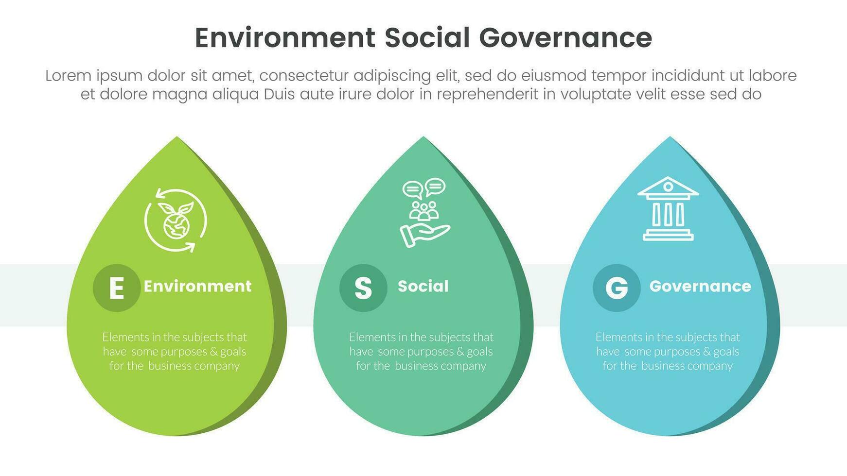 esg environmental social and governance infographic 3 point stage template with waterdrop shape concept for slide presentation vector