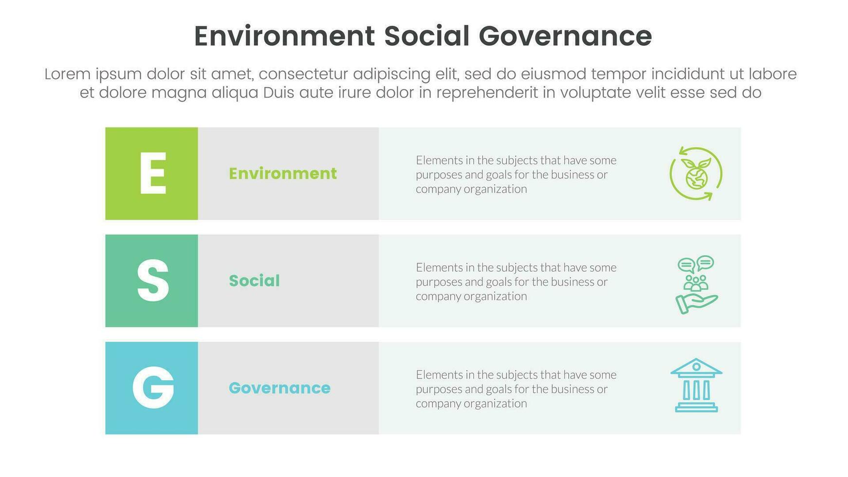 esg environmental social and governance infographic 3 point stage template with 3 block row rectangle content concept for slide presentation vector