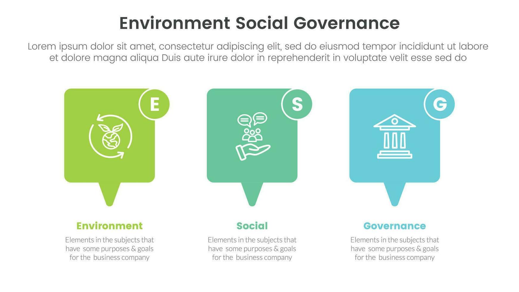 esg environmental social and governance infographic 3 point stage template with callout box concept for slide presentation vector