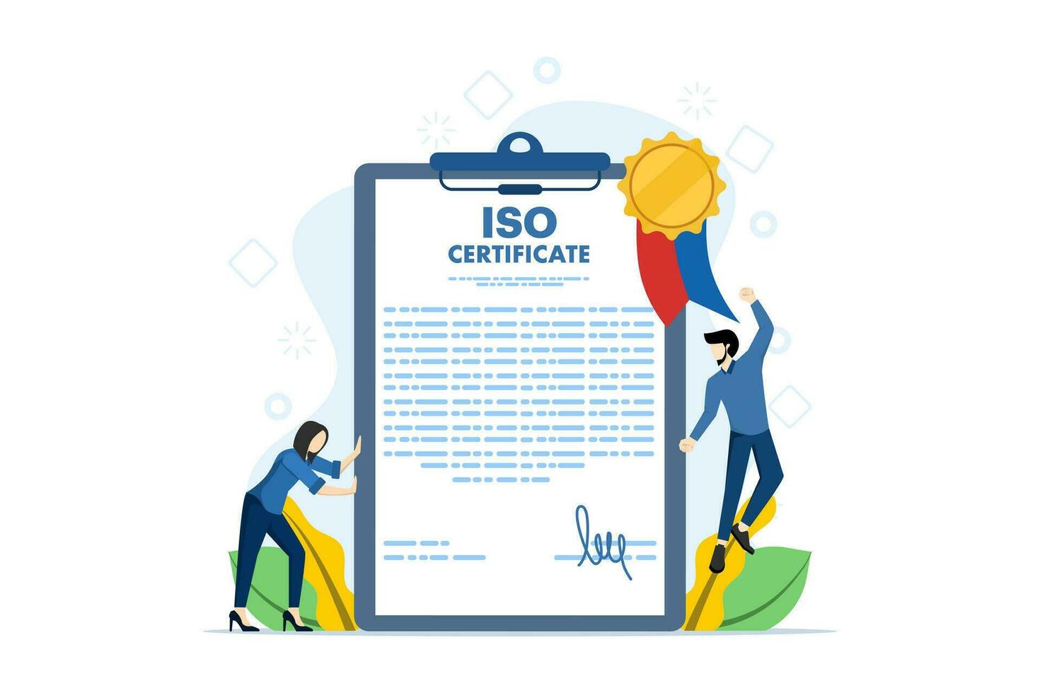 international certification concept. entrepreneurs who follow quality control standards. Quality control standards, ISO standards, ISO certificate awards, flat vector illustration on background.