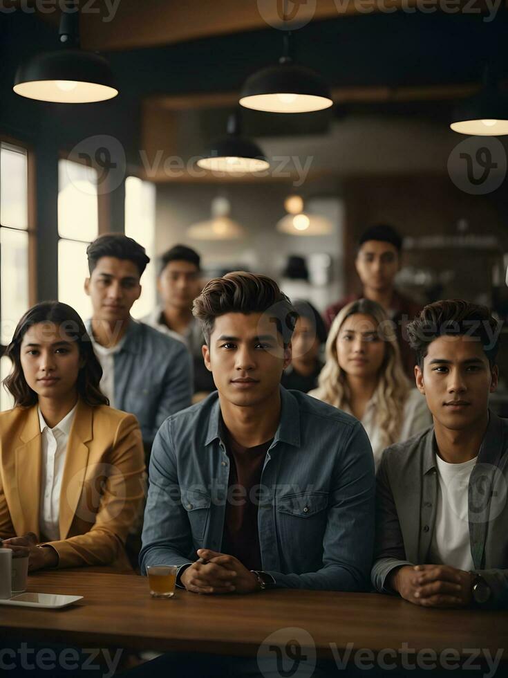 ai generado grupo de joven personas a reunión para su negocio. foto