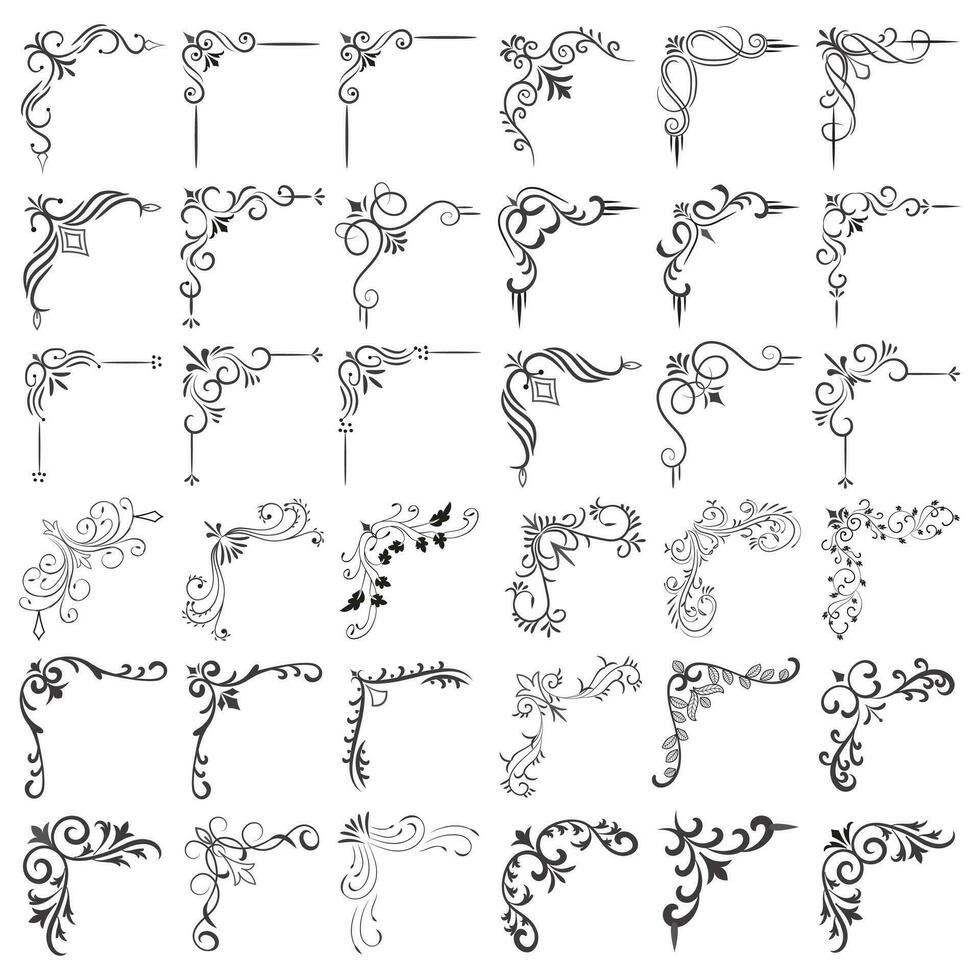 Vector illustration of decorative corner frame set. Set Hand Draw of Corners Different Shapes Flower Decoration Vector Design Doodle Sketch Style for Wedding and Banner.