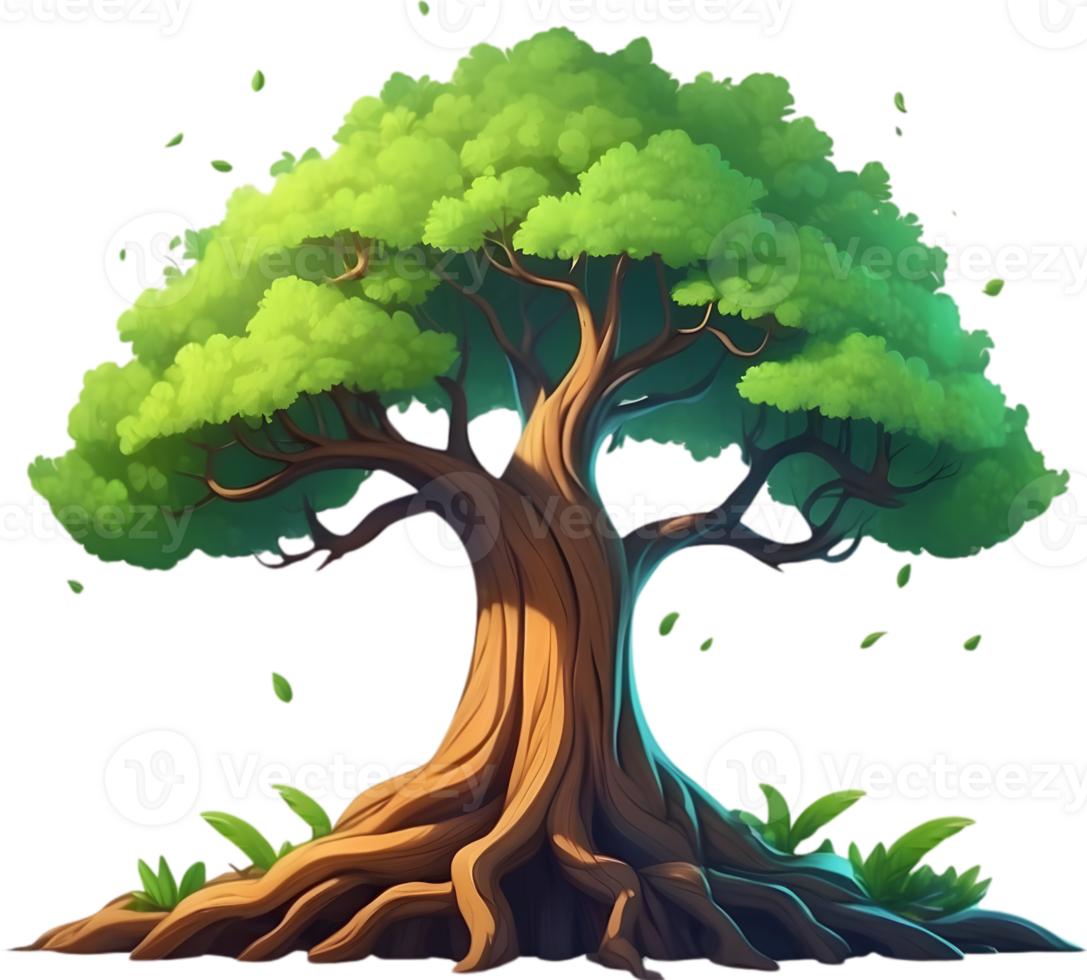AI generated an animated tree with green leaves and grass png