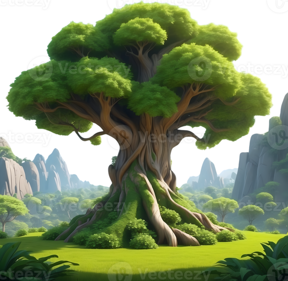AI generated an animated tree with green leaves and grass png