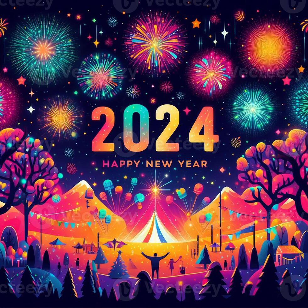 AI generated A Majestic Firework Display Illuminates the Skyline in a Festive Welcome to Happy New Year 2024 photo