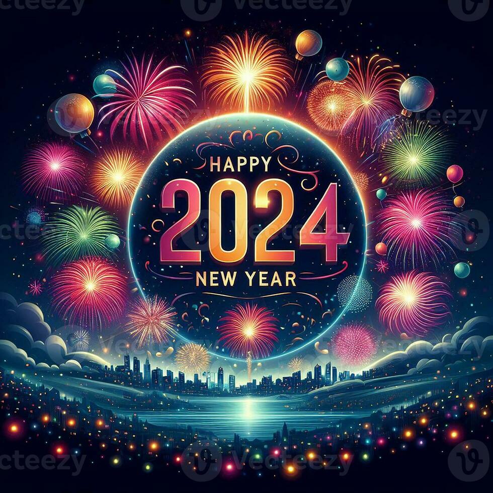 ai generado un majestuoso Fuegos artificiales monitor ilumina el horizonte en un festivo Bienvenido a contento nuevo año 2024 foto