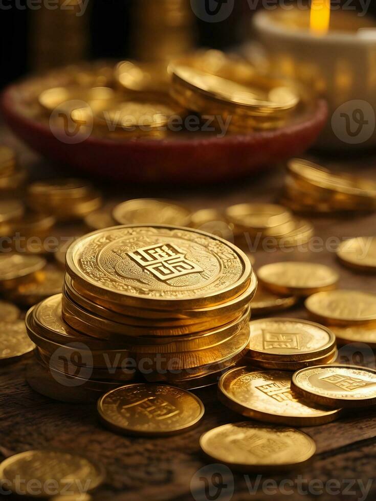 ai generado pila de dorado monedas, dinero concepto. foto