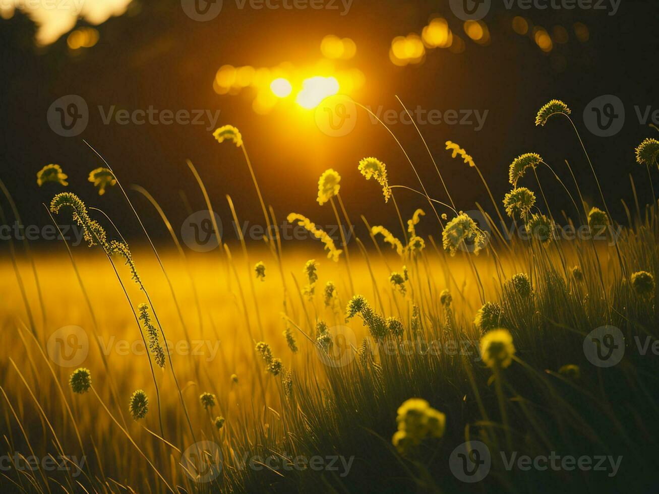 AI generated Abstract soft focus sunset field landscape of yellow flowers and grass meadow warm golden hour sunset sunrise time. Tranquil spring summer nature closeup and blurred forest background. photo