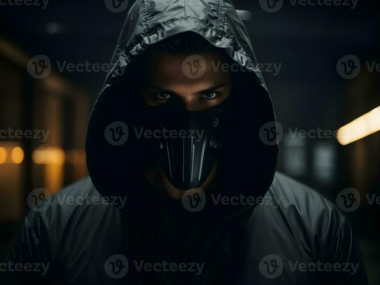 ai generado hombre en mascarilla, hacker foto