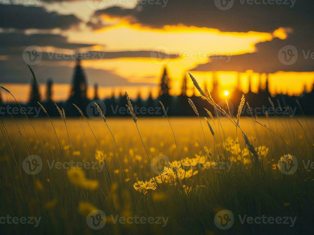 ai generado resumen suave atención puesta de sol campo paisaje de amarillo flores y césped prado calentar dorado hora puesta de sol amanecer tiempo. tranquilo primavera verano naturaleza de cerca y borroso bosque antecedentes. foto