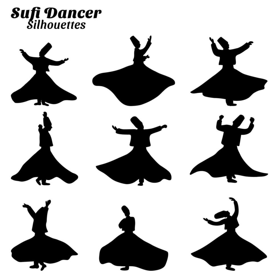 Collection of illustrations of silhouettes of sufi dancer. vector