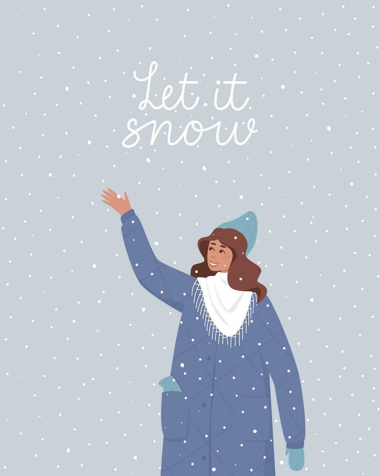 The girl rejoices at the snowfall vector