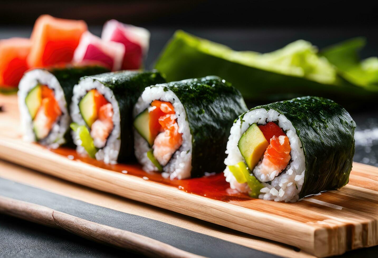 ai generado un delicioso Sushi rollo, pero reemplazar el algas marinas envolver con un Fruta enrollar. foto