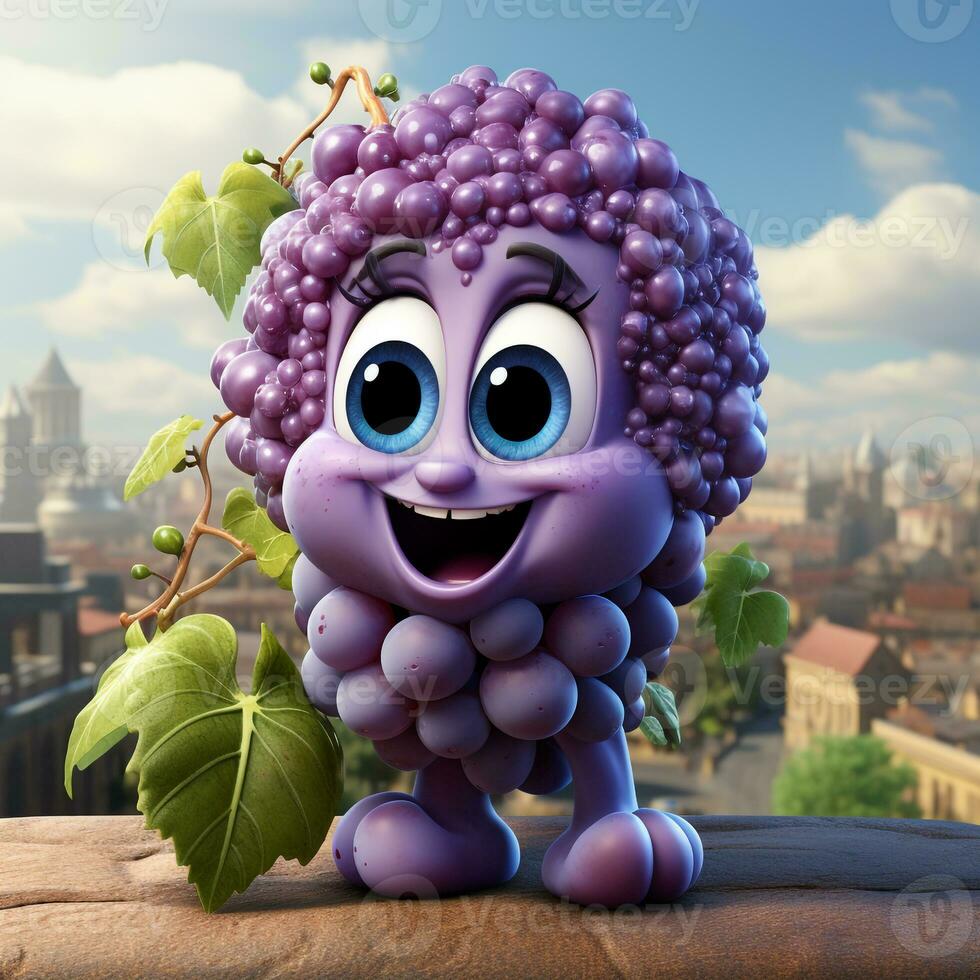 AI generated 3d cartoon realistic cute grapes photo