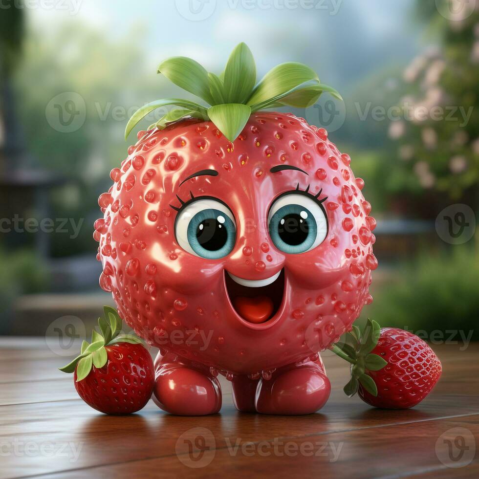 ai generado 3d dibujos animados realista linda fresa Fruta foto