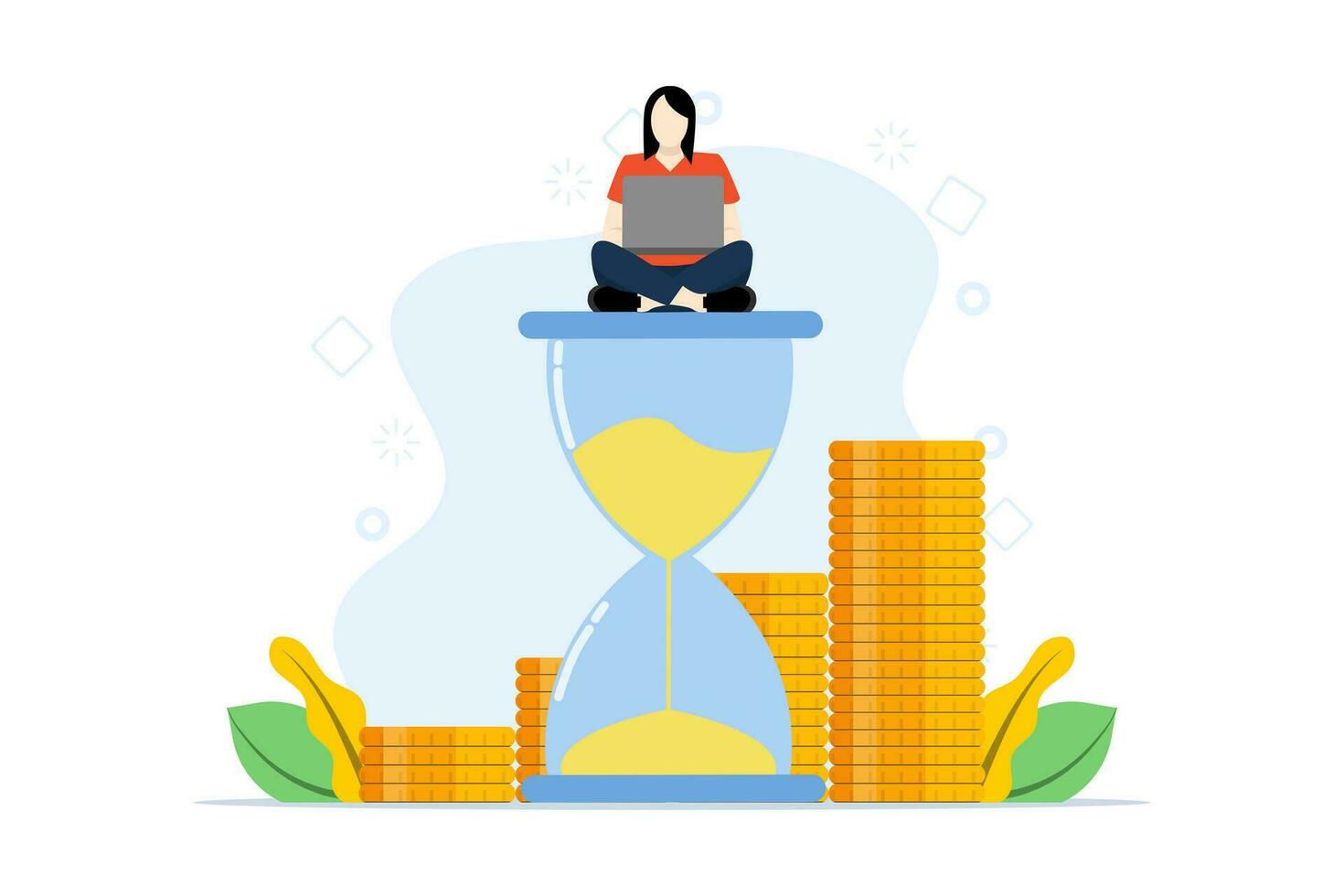 Multitasking, productivity and time management concept. business character using laptop with hourglass, project team work schedule, good business process, time organization efficiency. vector