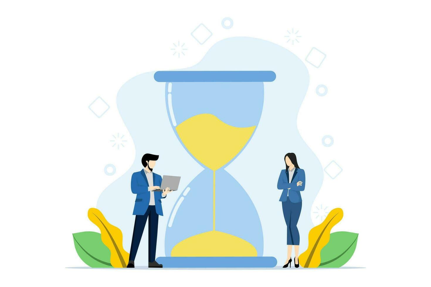 Multitasking, productivity and time management concept. business character using laptop with hourglass, project team work schedule, good business process, time organization efficiency. vector