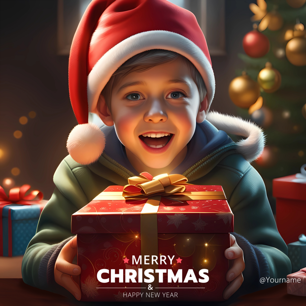 ai gegenereerd vrolijk Kerstmis kaart sjabloon met jongen Holding een verpakt geschenk glimlachen met vreugde psd