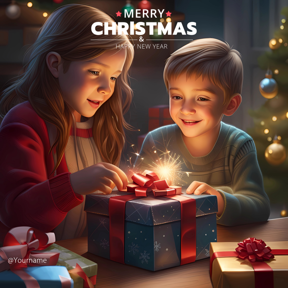 ai generado alegre Navidad tarjeta modelo con chico y niña con Navidad regalos en un acogedor hogar psd