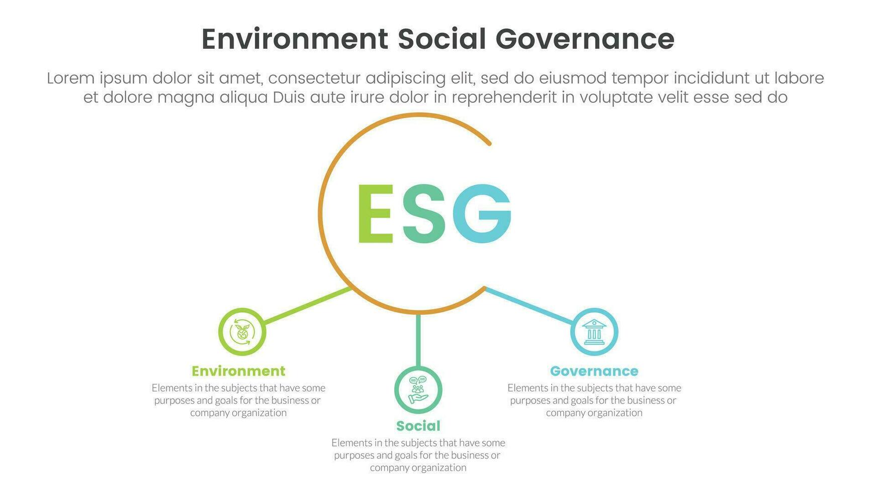 esg environmental social and governance infographic 3 point stage template with big circle and small circle connected concept for slide presentation vector