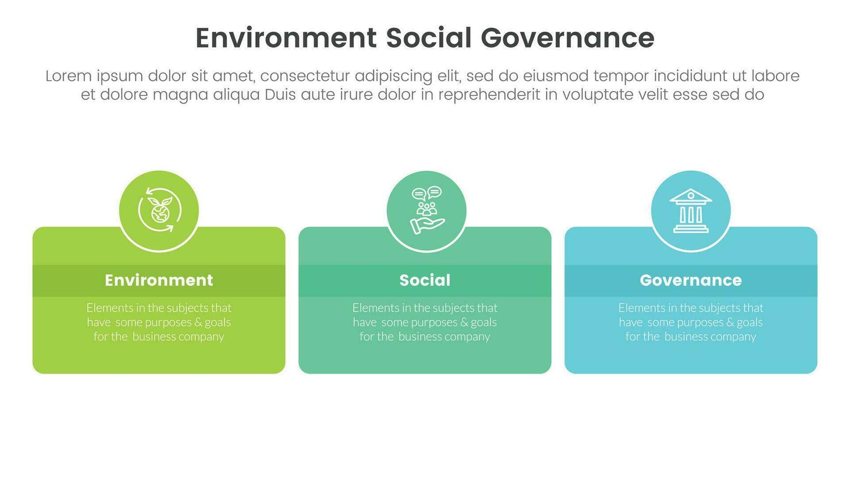 esg environmental social and governance infographic 3 point stage template with box and circle badge horizontal concept for slide presentation vector