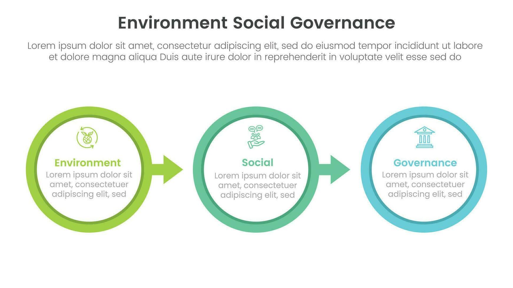 esg environmental social and governance infographic 3 point stage template with big circle arrow right direction concept for slide presentation vector