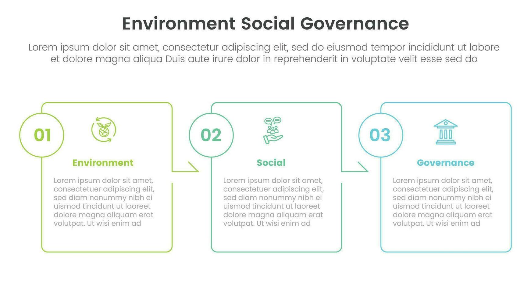 esg environmental social and governance infographic 3 point stage template with box outline arrow right direction concept for slide presentation vector