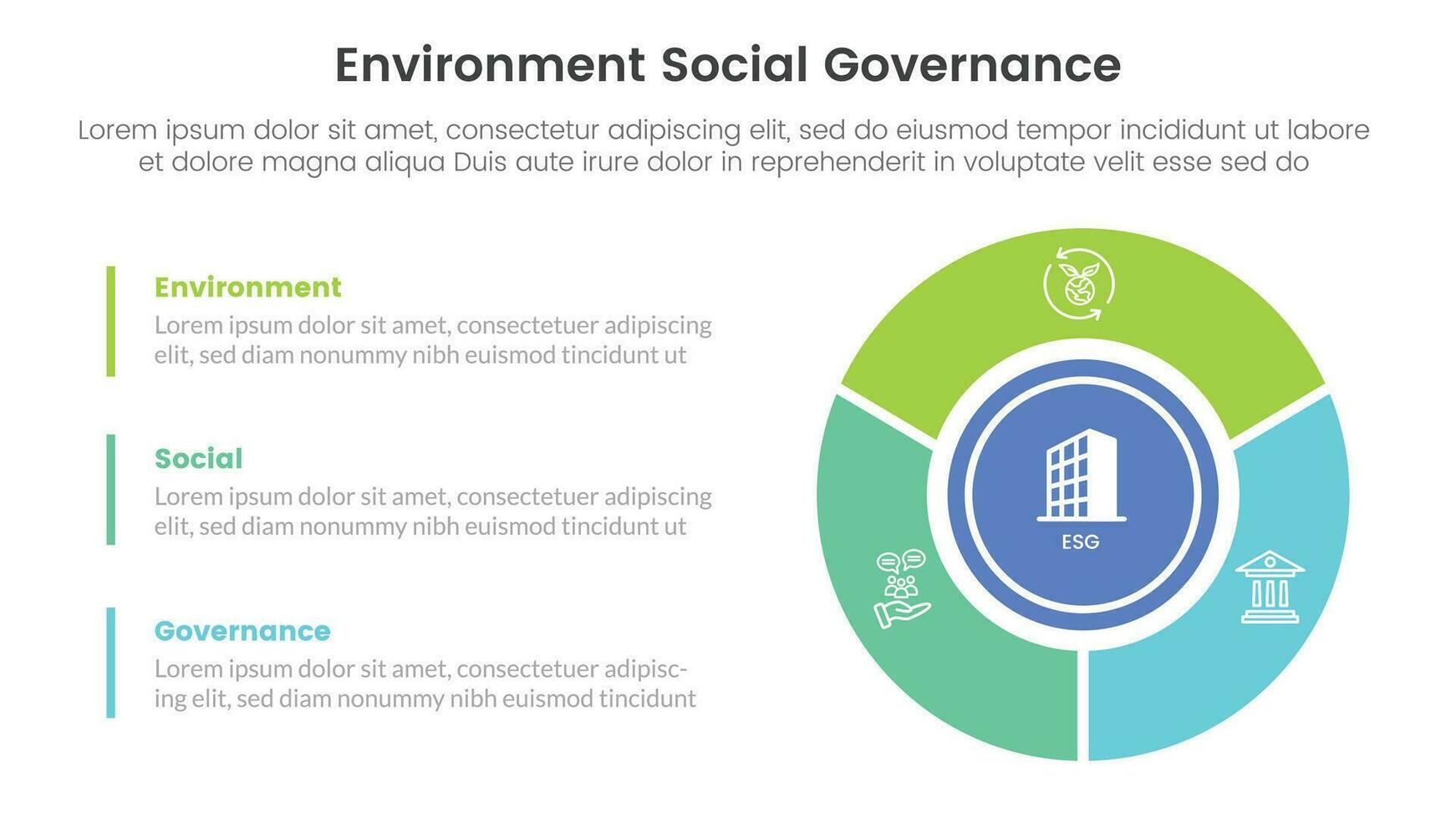 esg environmental social and governance infographic 3 point stage template with big circle on right column concept for slide presentation vector