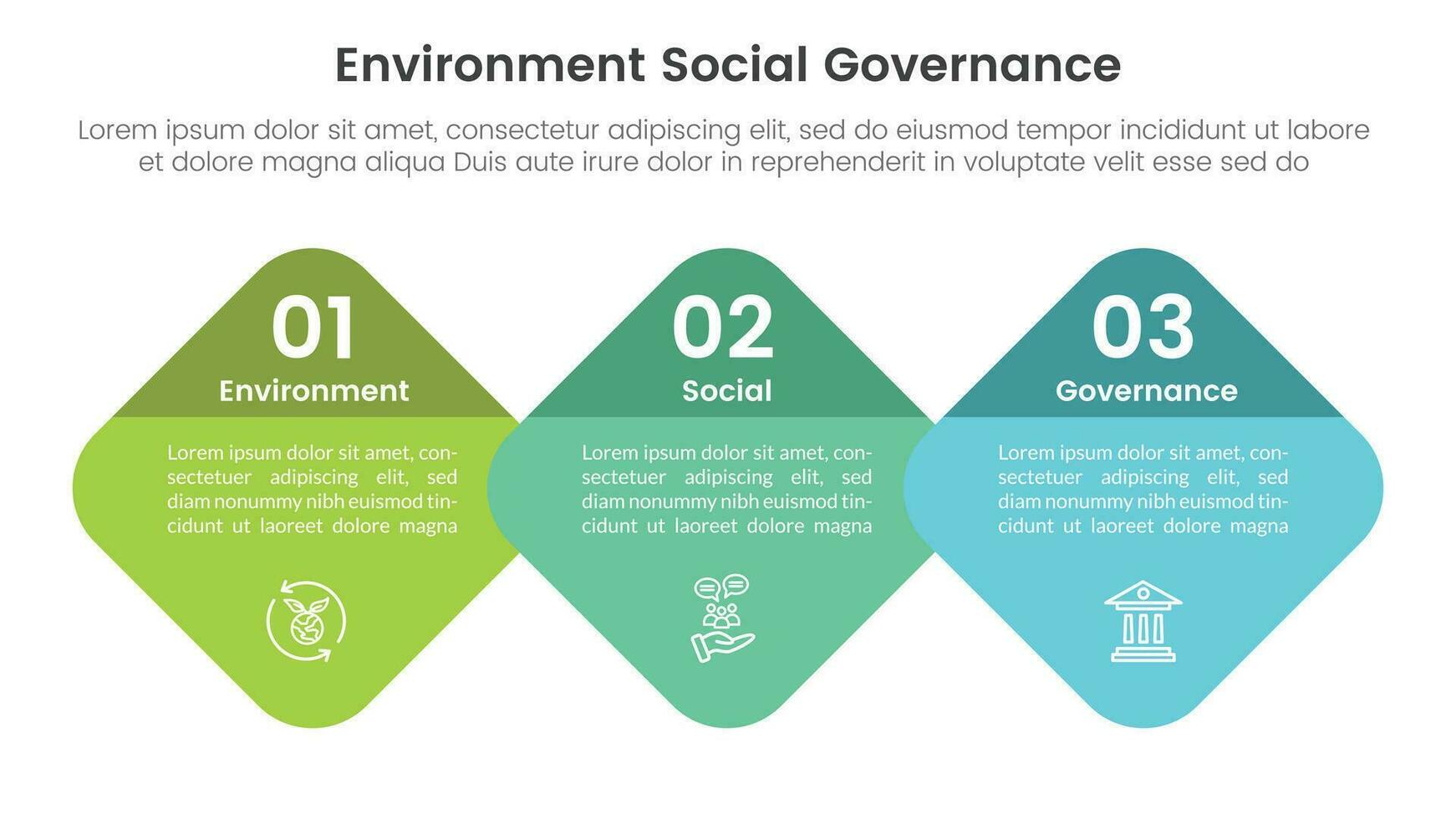 esg environmental social and governance infographic 3 point stage template with round honeycomb or skewed square concept for slide presentation vector