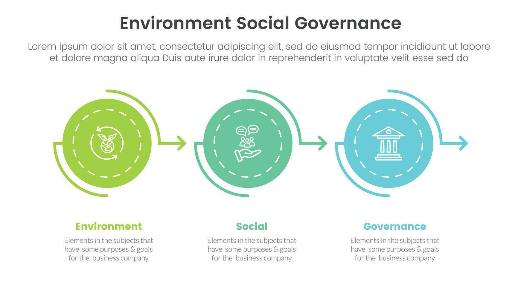 esg environmental social and governance infographic 3 point stage template with circle arrow right direction concept for slide presentation vector