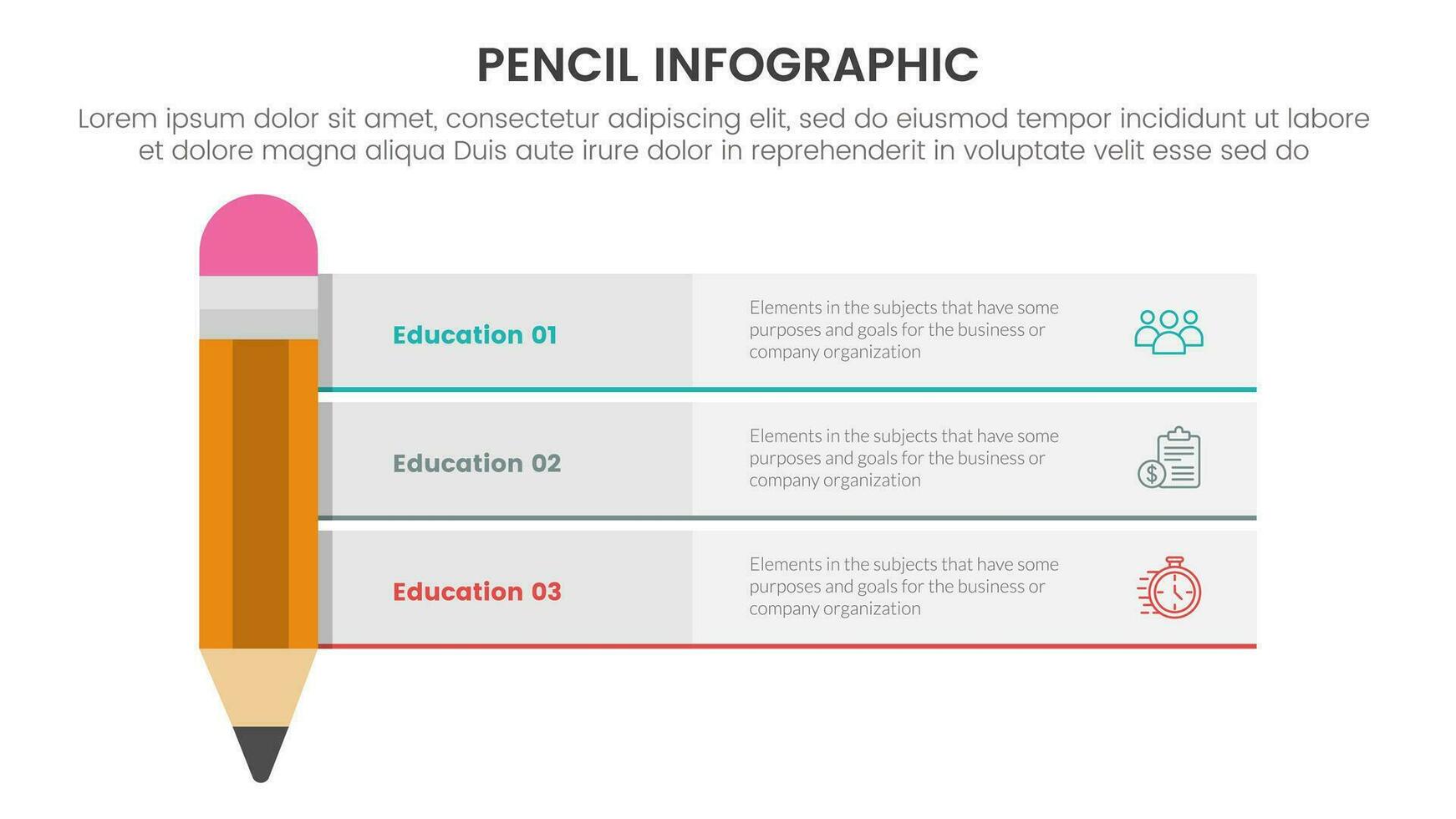 pencil education infographic 3 point stage template with boxed description connected with pencil for slide presentation vector