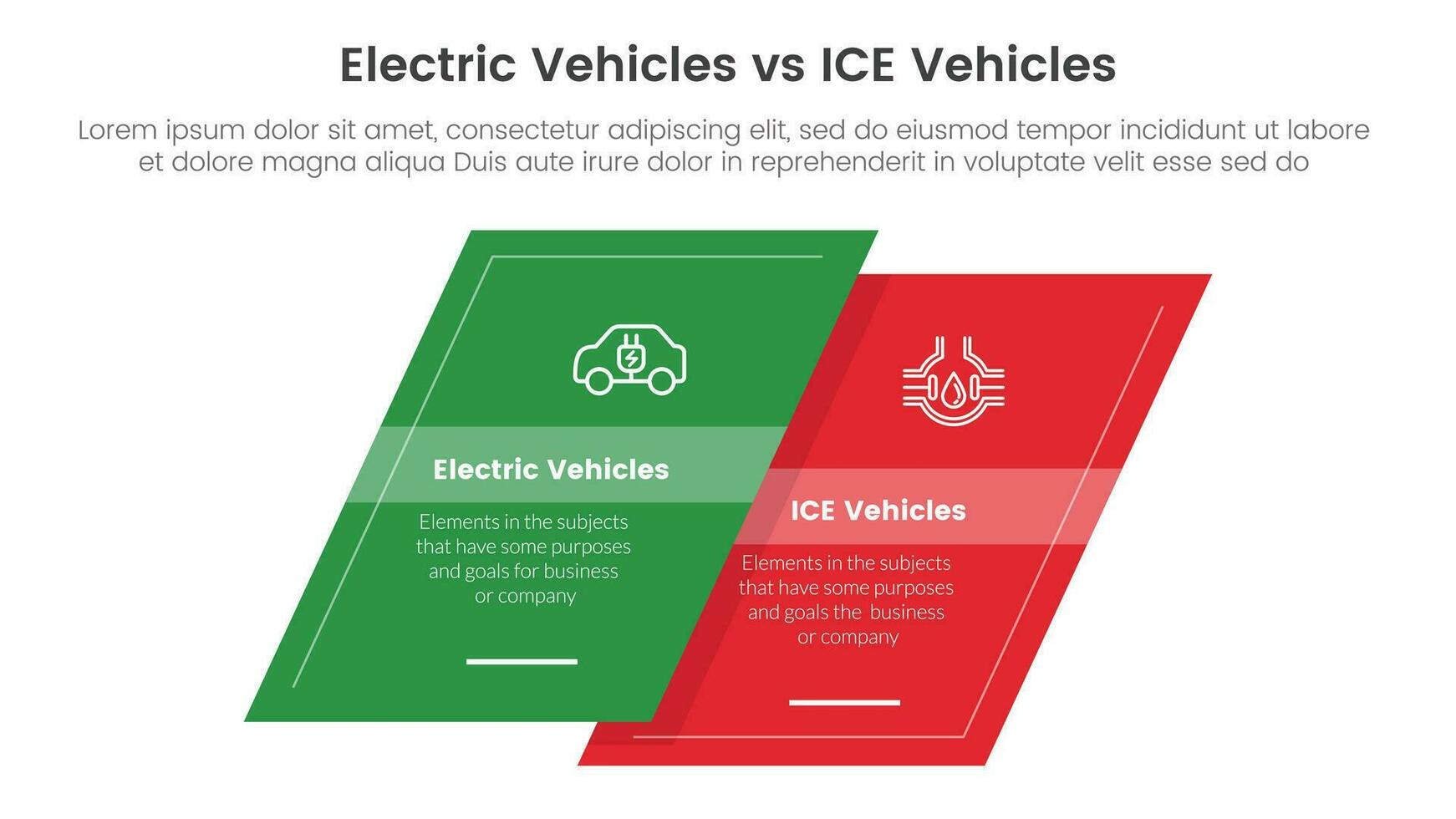 ev vs ice electric vehicle comparison concept for infographic template banner with skewed square shape with two point list information vector